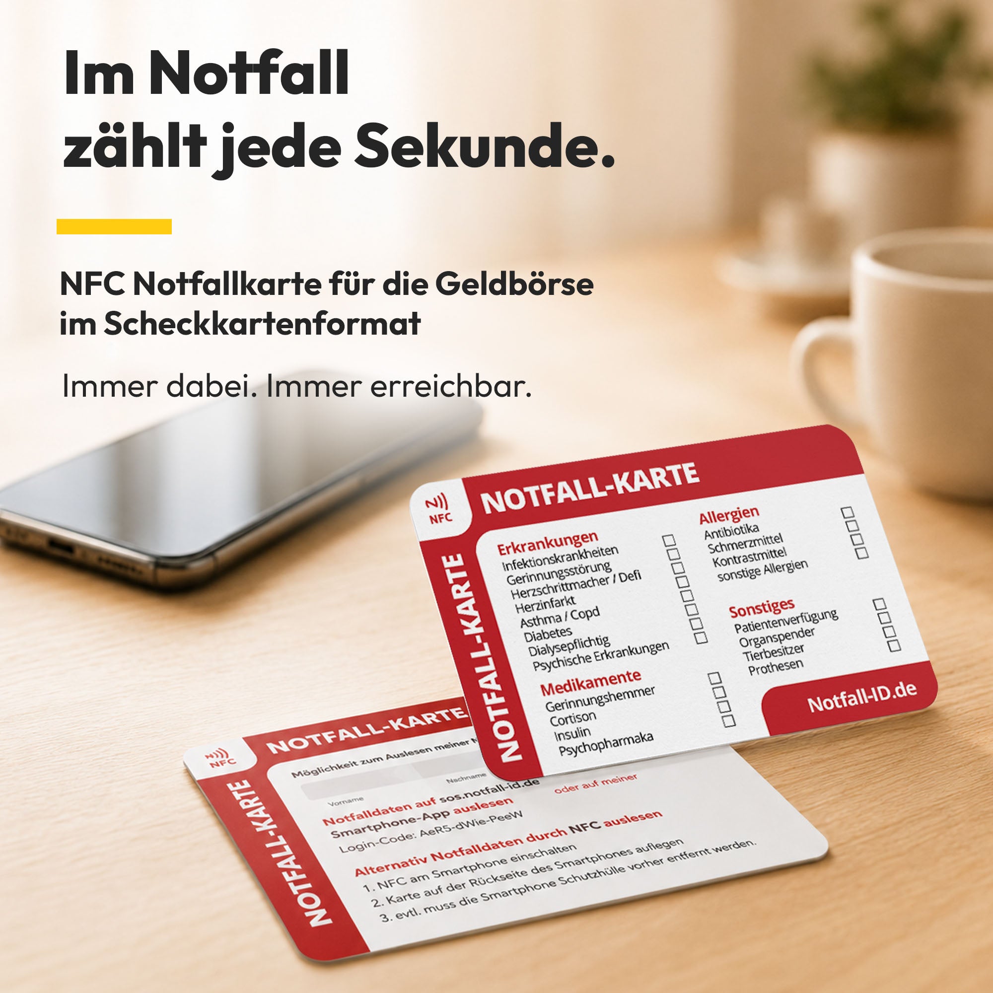 Notfall-ID Karte im Scheckkartenformat - NFC Notfallkarte für die Geldbörse