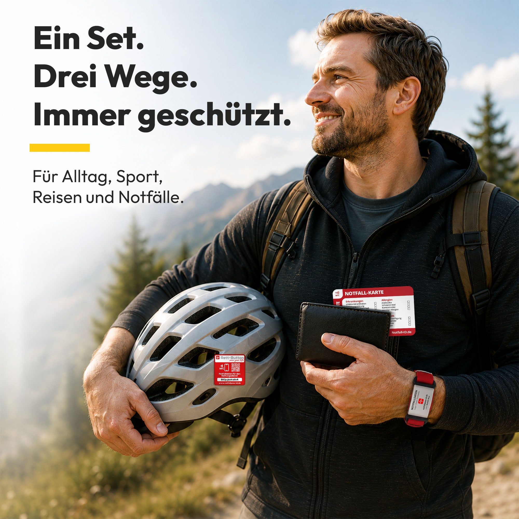 Notfall-ID Set – Rundum geschützt mit Karte, Armband Tag & Rett-Button