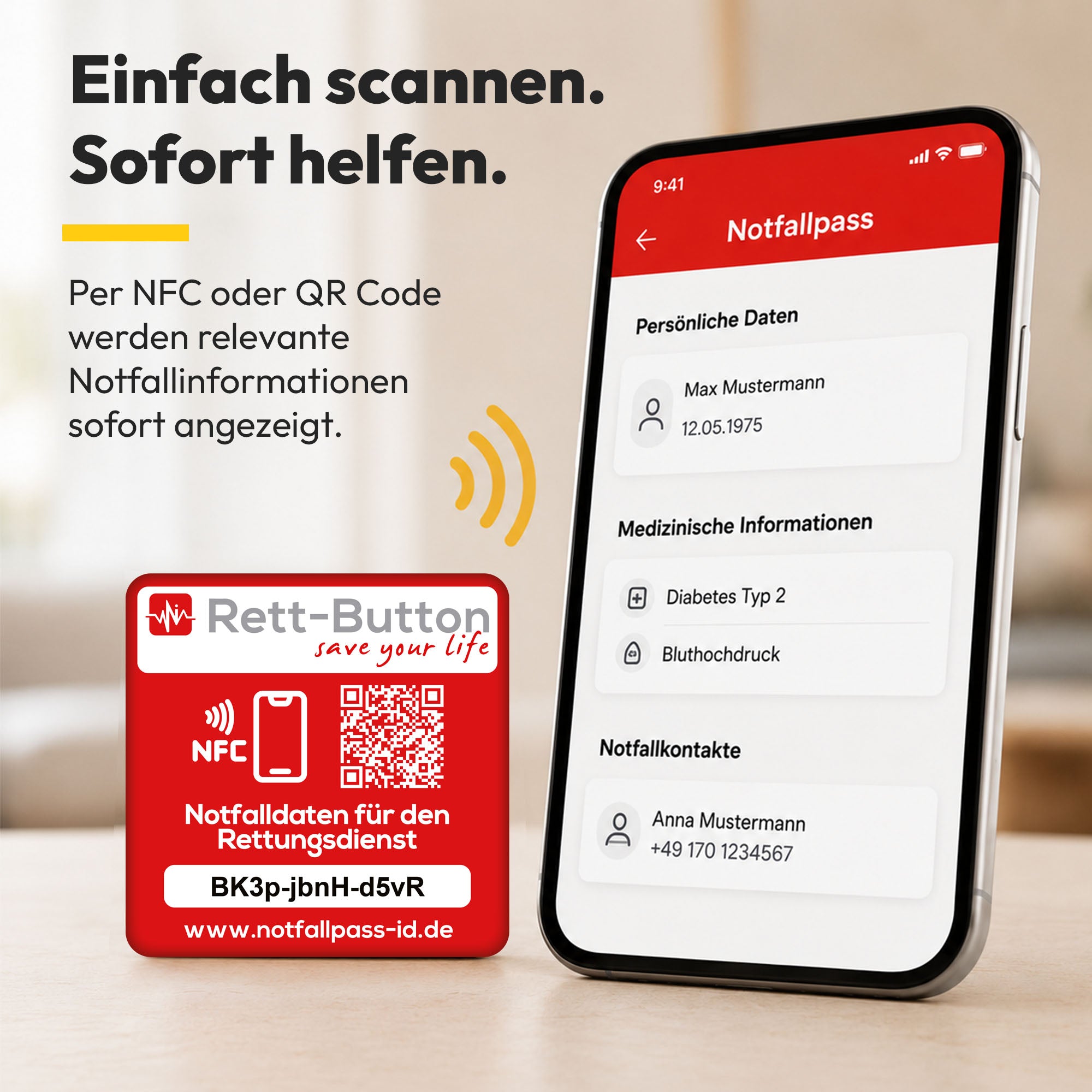 Notfall-ID Button - NFC Rett-Button mit QR-Code – Schneller Zugriff auf Notfalldaten