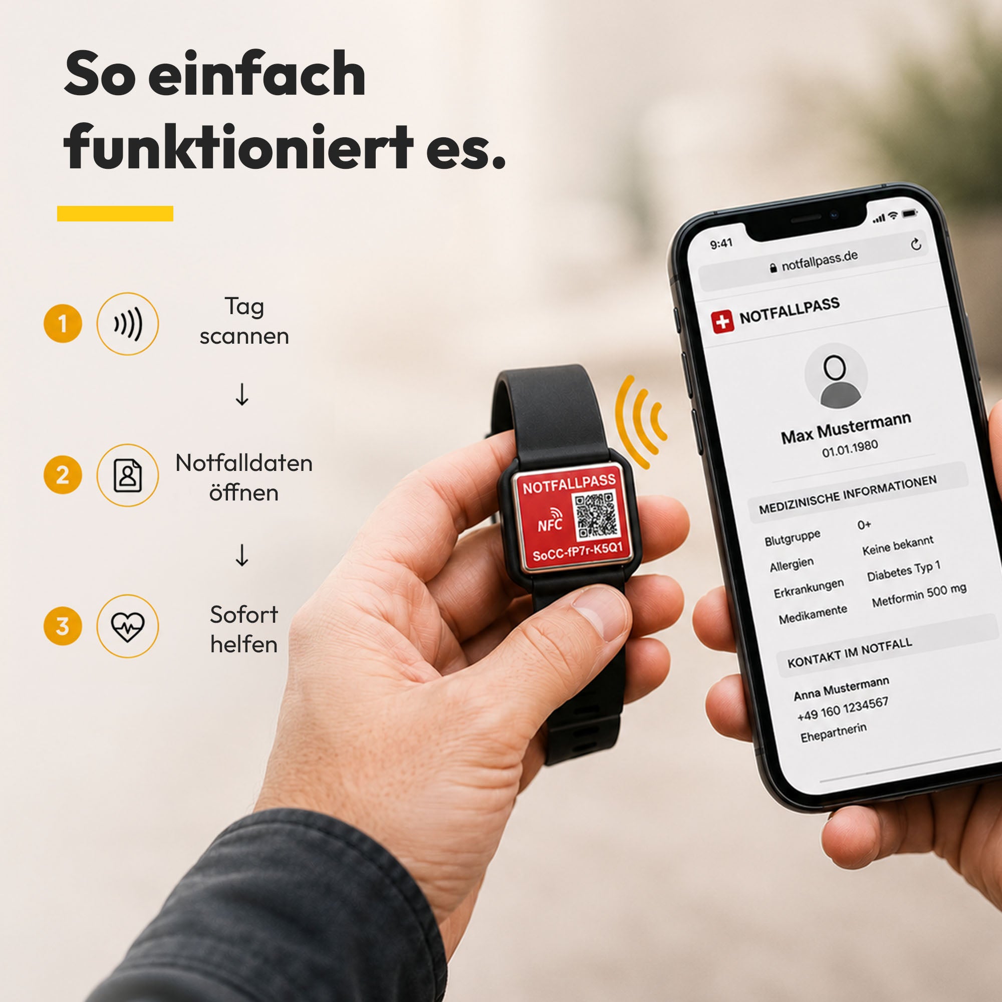 Notfall-ID Armband Tag - mit NFC & QR-Code