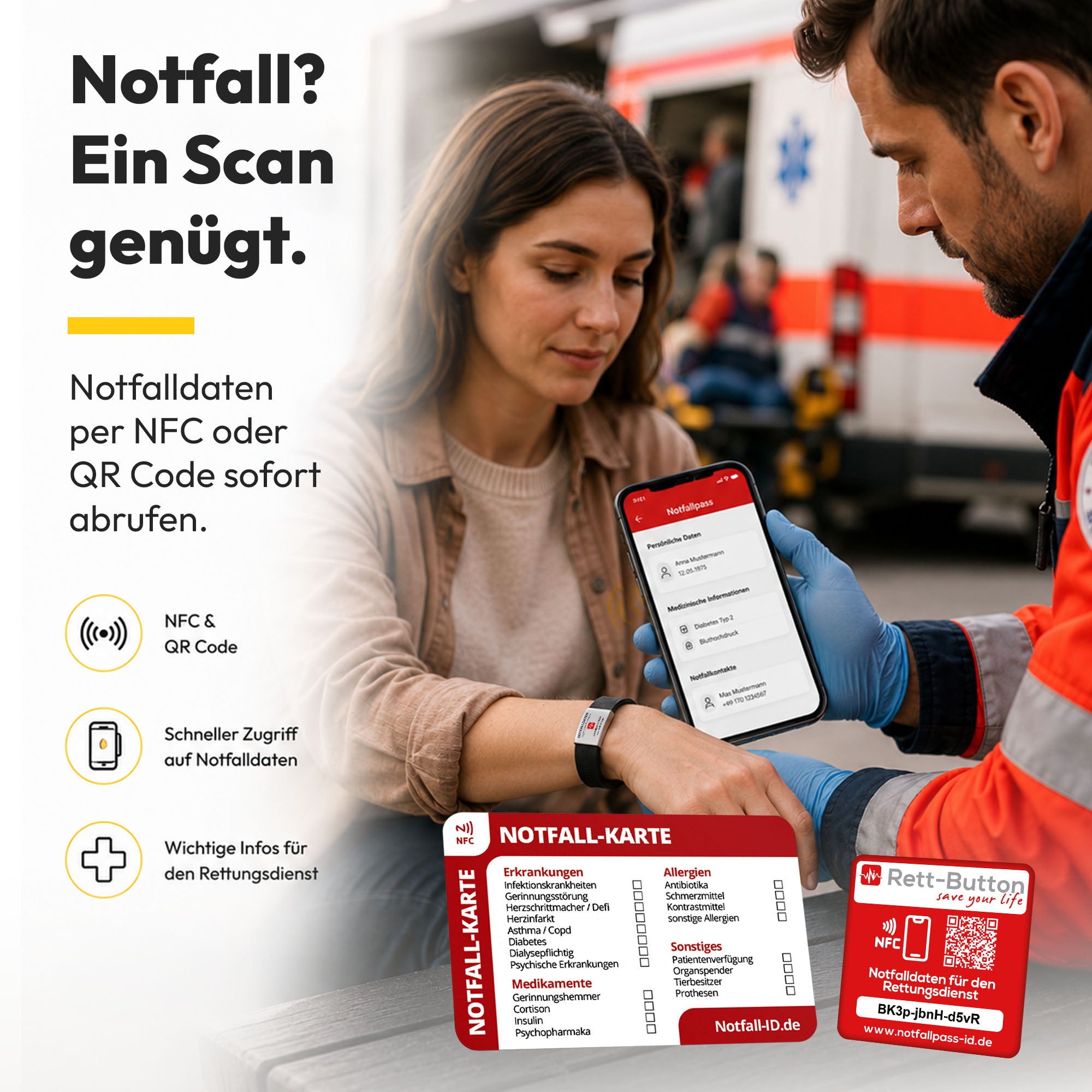 Notfall-ID Set – Rundum geschützt mit Karte, Armband Tag & Rett-Button
