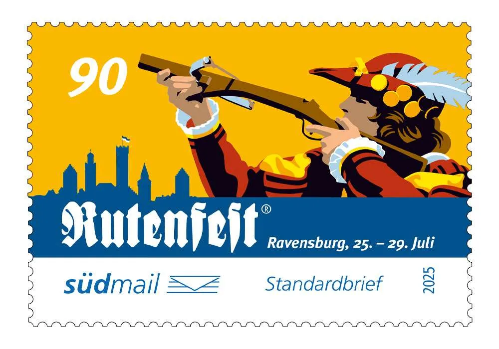 Briefmarke „Rutenfest Ravensburg“ mit historischer Figur, gelber Hintergrund, Wert 90 Cent.