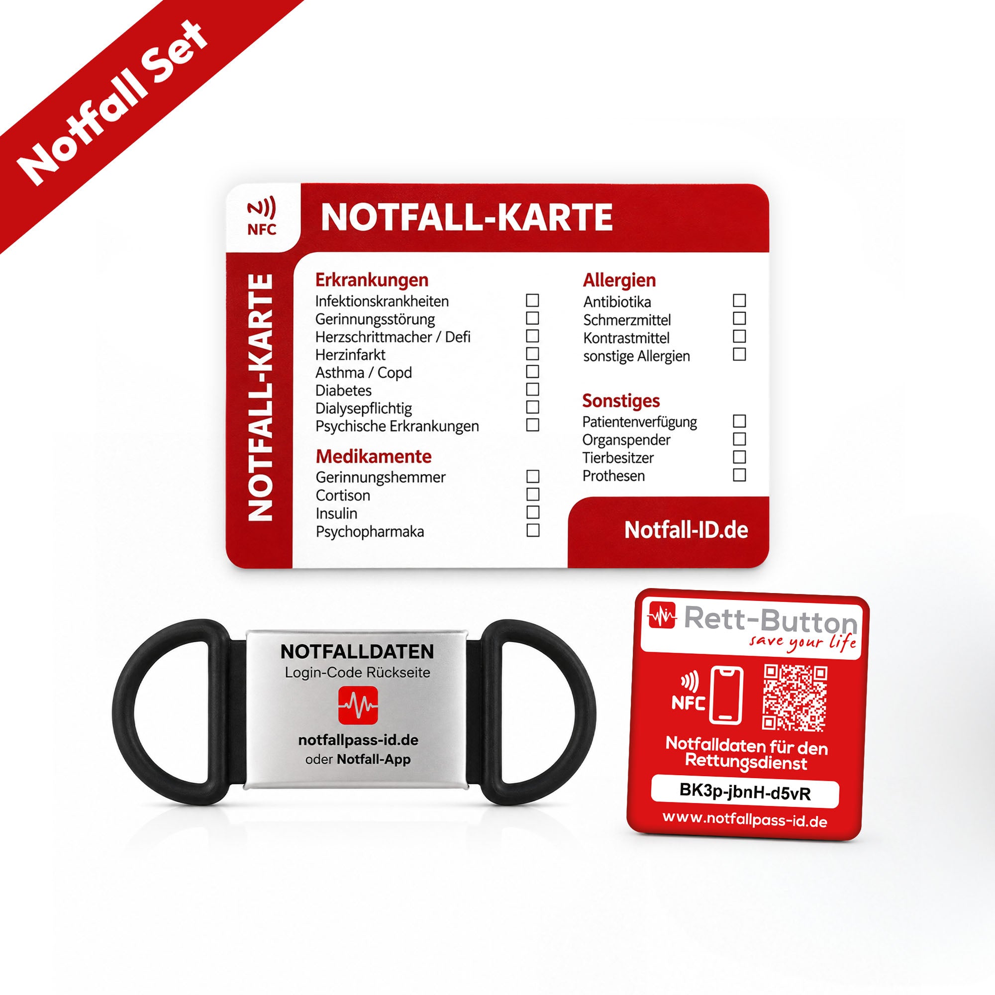 Notfall-ID Set – Rundum geschützt mit Karte, Armband Tag &amp; Rett-Button