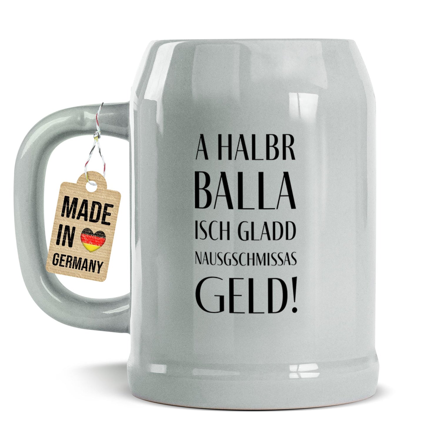 Bierkrug aus Keramik  – „A halbr Balla isch nausgschmissas Geld“