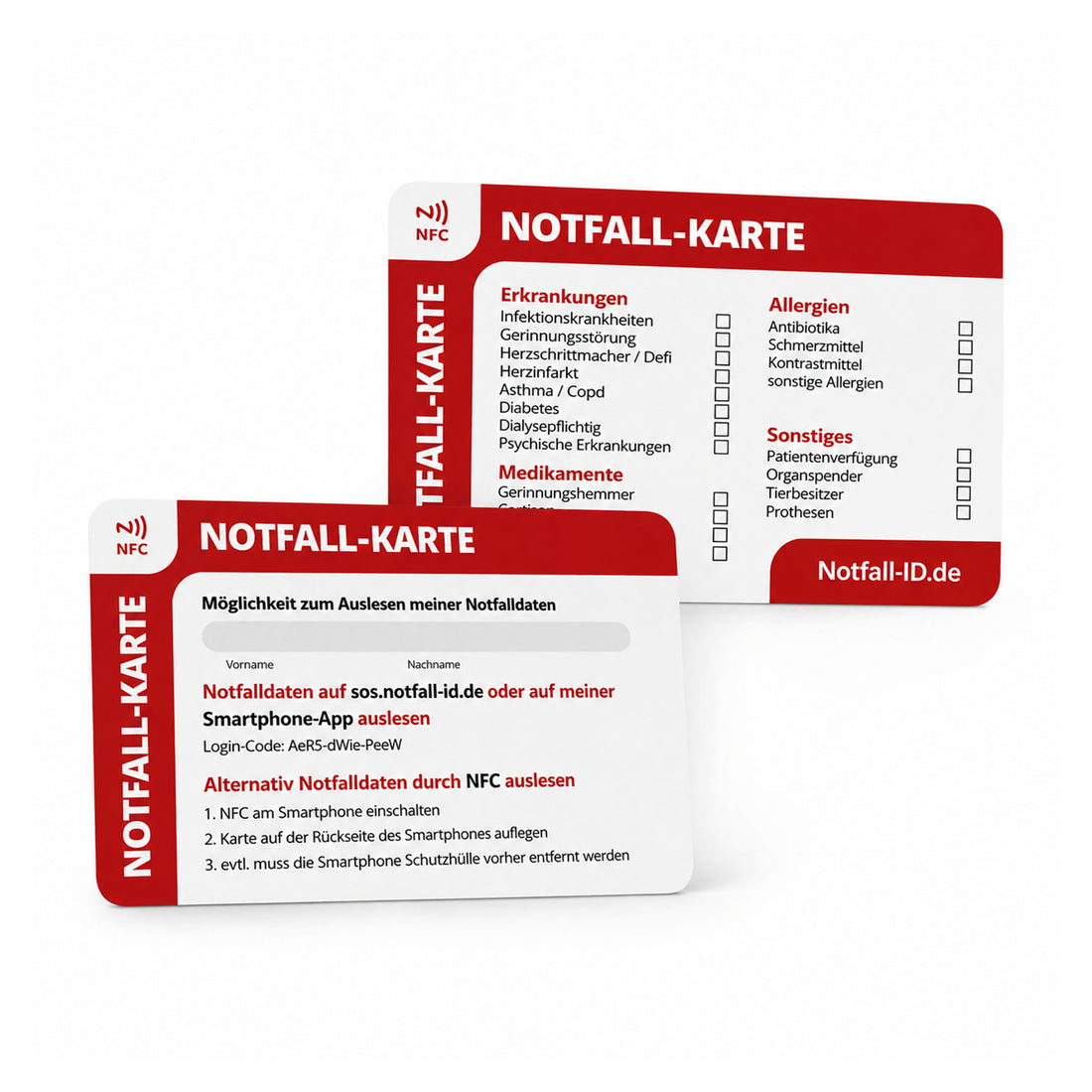 Notfall-ID Karte im Scheckkartenformat – NFC Notfallkarte für die Geldbörse