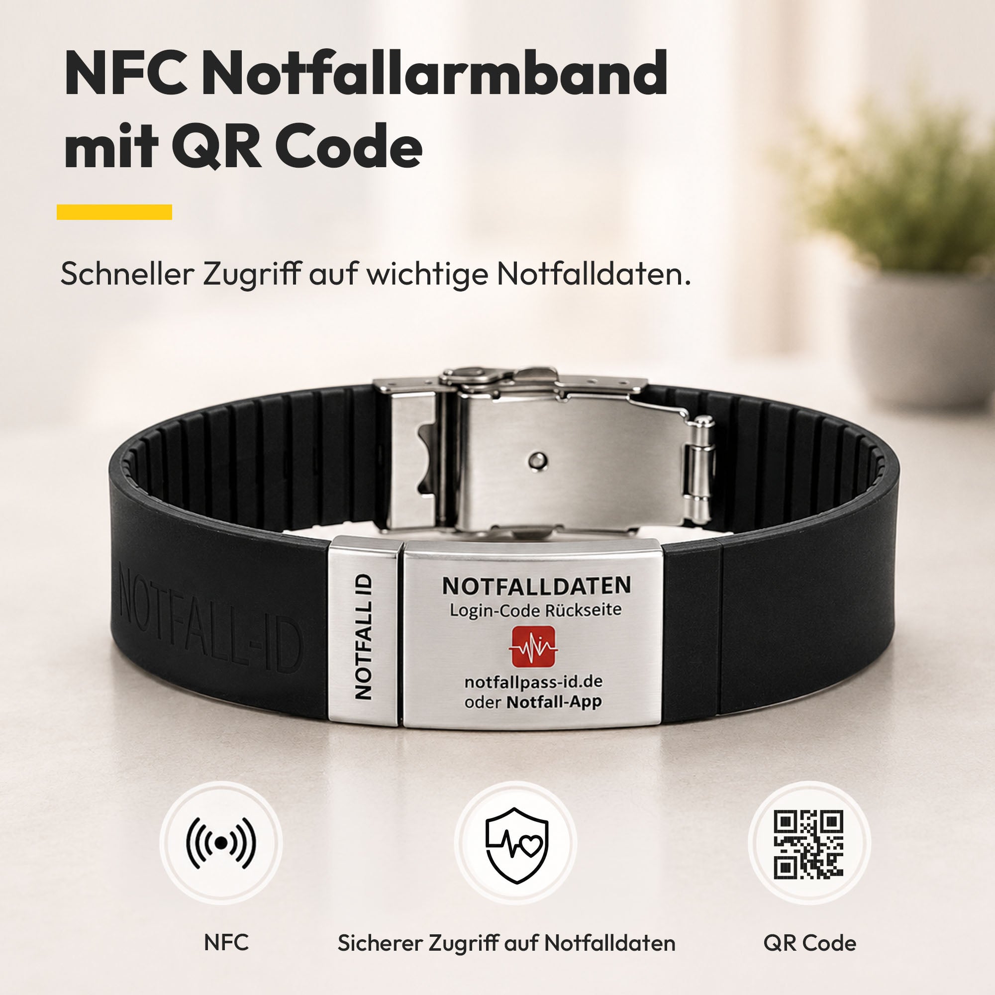 Notfall-ID Armband mit NFC &amp; QR-Code - Medizinisches SOS-Armband