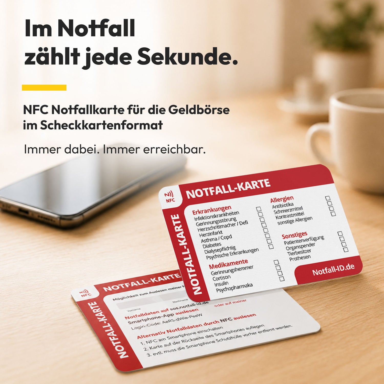 Notfall-ID Karte im Scheckkartenformat - NFC Notfallkarte für die Geldbörse