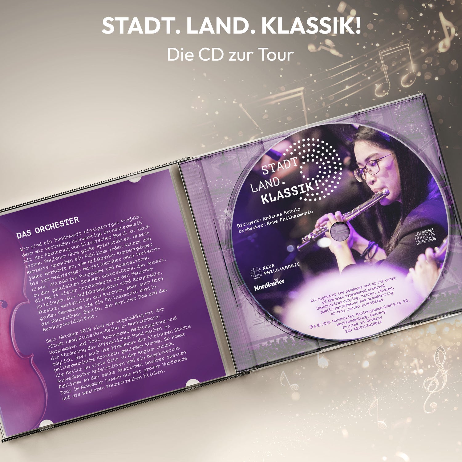 Geöffnete CD-Hülle „Stadt.Land.Klassik! für Zuhause – Die CD zur Tour“ mit eingelegter CD und Booklet