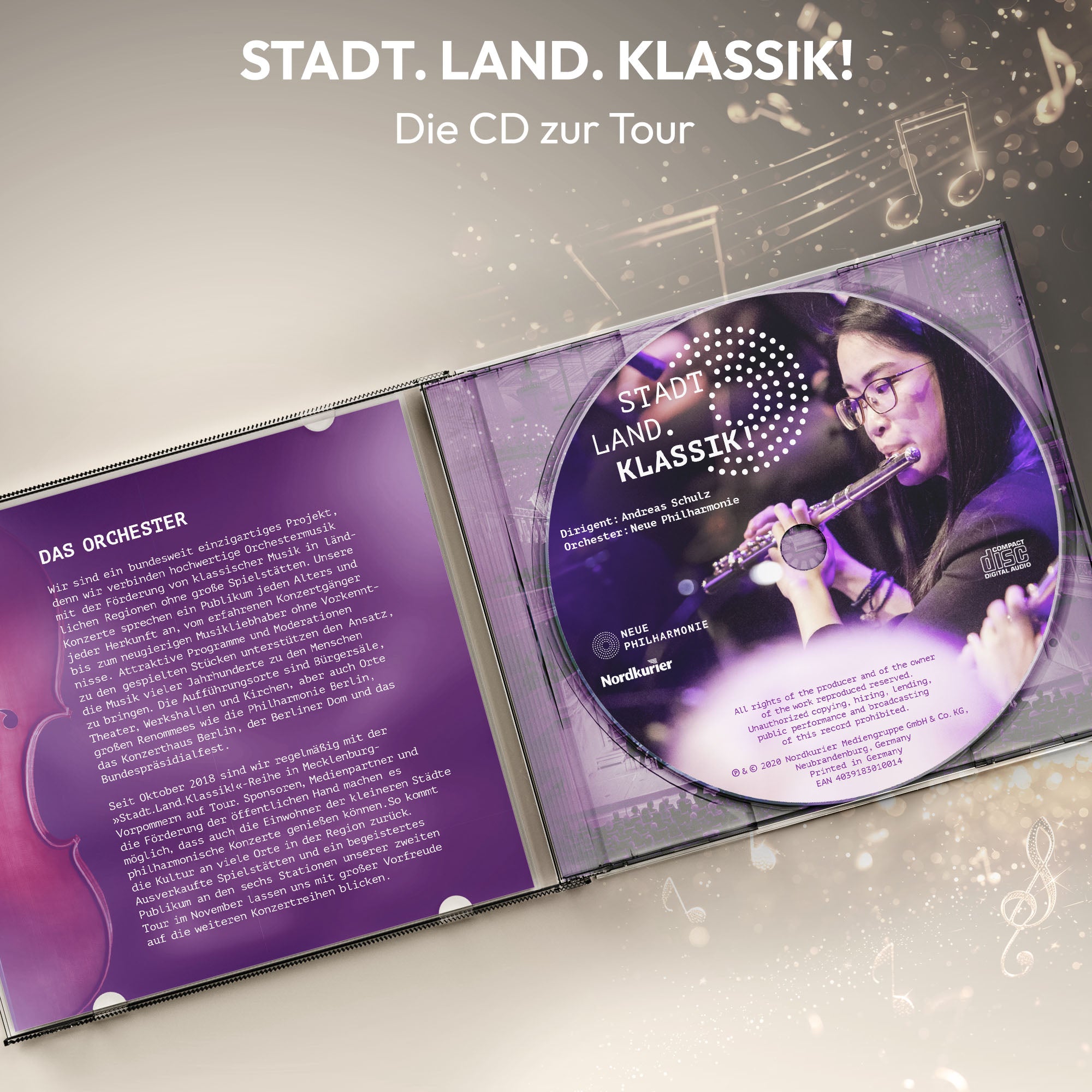 Geöffnete CD-Hülle „Stadt.Land.Klassik! für Zuhause – Die CD zur Tour“ mit eingelegter CD und Booklet