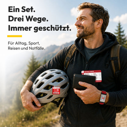 Notfall-ID Set – Rundum geschützt mit Karte, Armband Tag &amp; Rett-Button