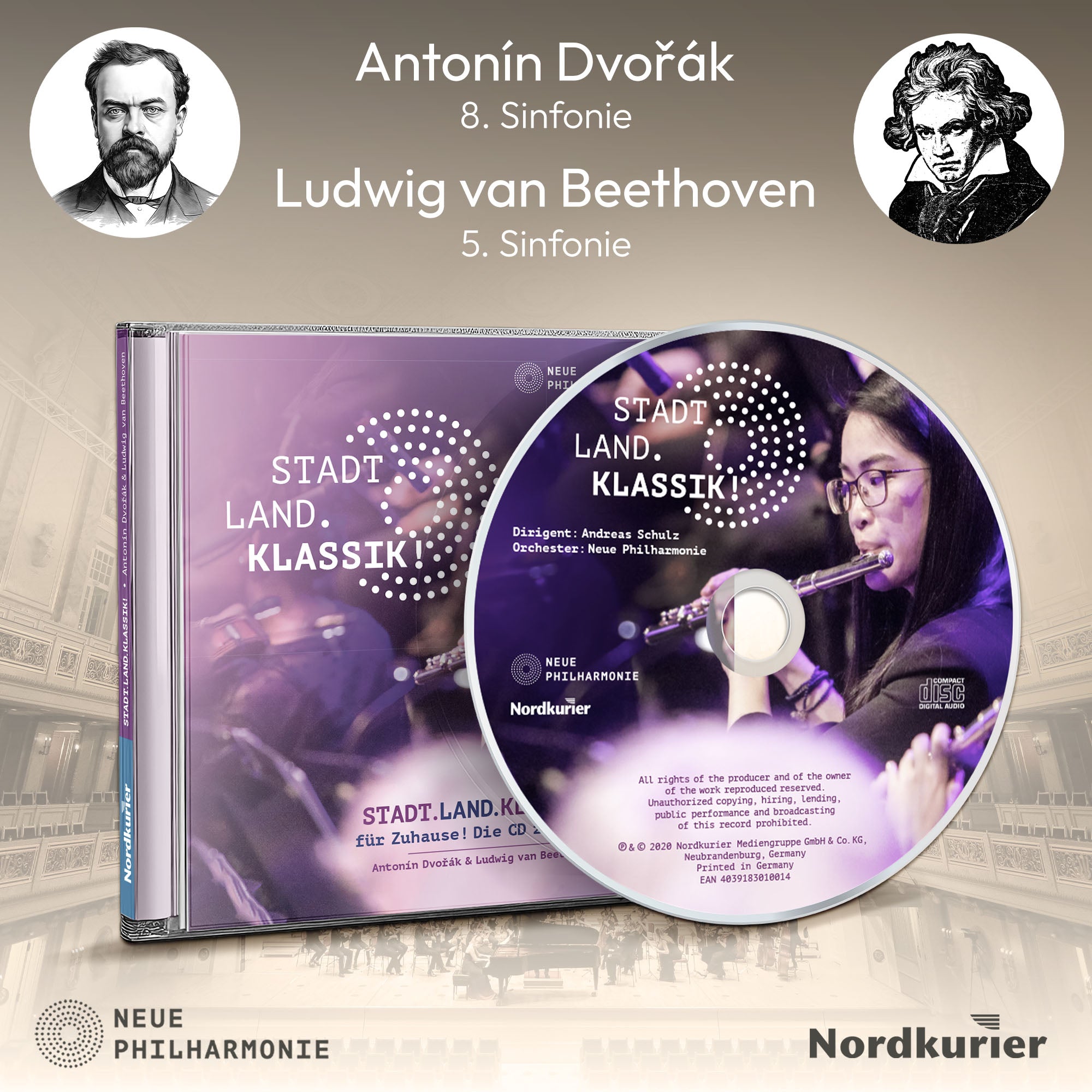 CD und CD-Hülle „Stadt.Land.Klassik! für Zuhause – Die CD zur Tour“ mit Porträts von Dvořák und Beethoven
