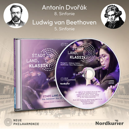 CD und CD-Hülle „Stadt.Land.Klassik! für Zuhause – Die CD zur Tour“ mit Porträts von Dvořák und Beethoven
