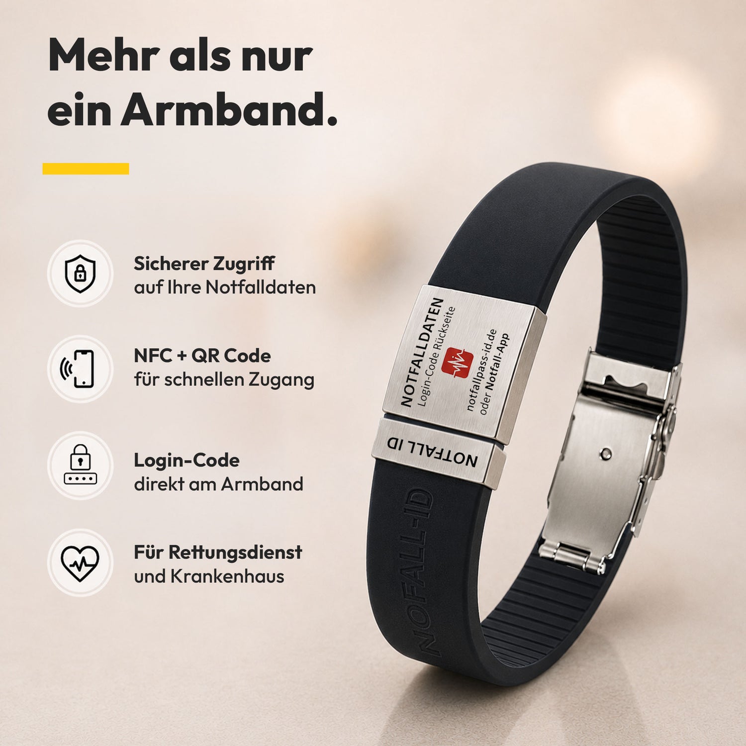Notfall-ID Armband mit NFC &amp; QR-Code - Medizinisches SOS-Armband