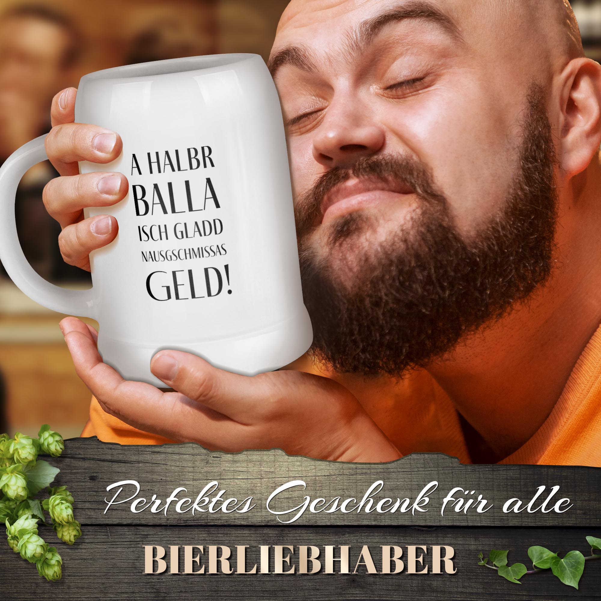 Bierkrug aus Keramik  – „A halbr Balla isch nausgschmissas Geld“