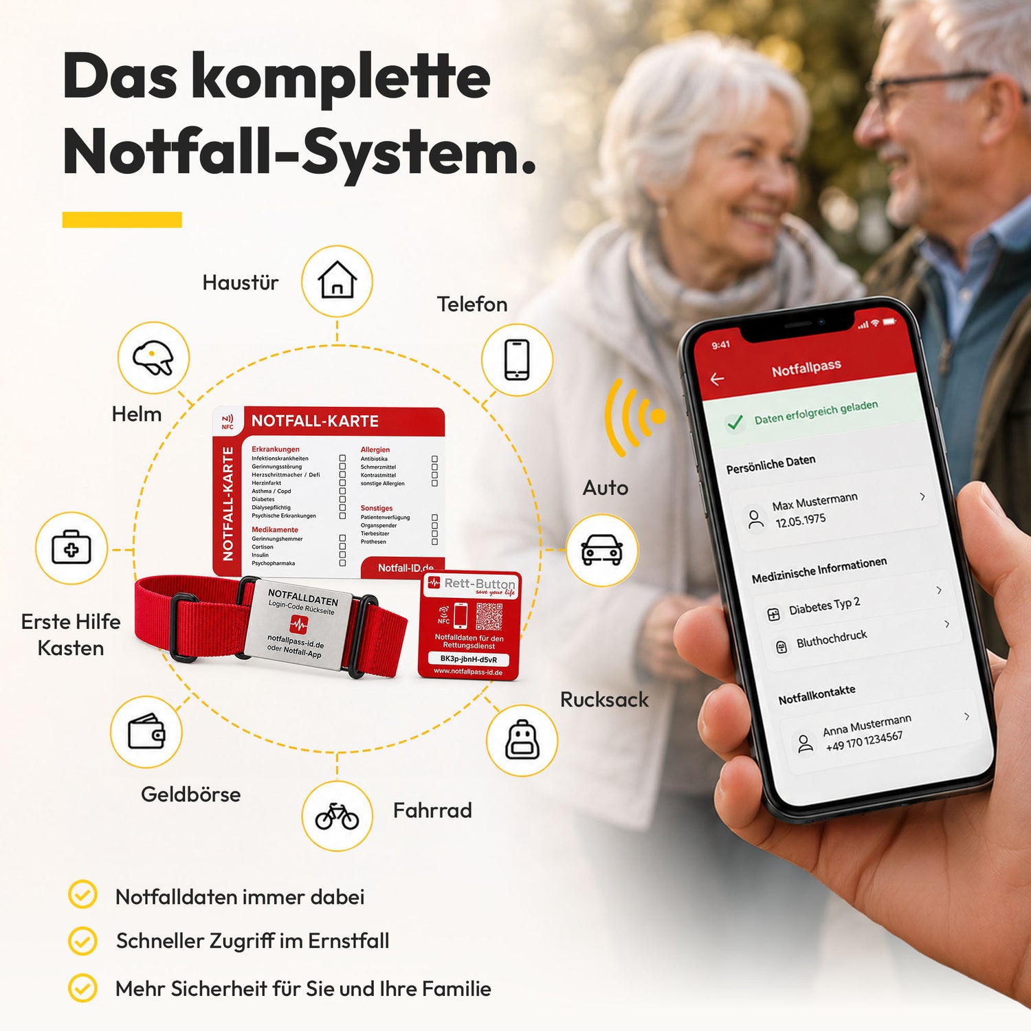 Notfall-ID Set – Rundum geschützt mit Karte, Armband Tag &amp; Rett-Button