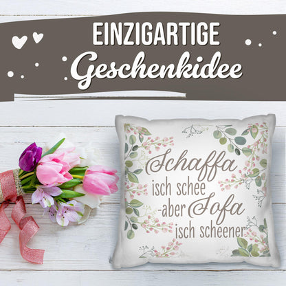Kissen - Schaffa isch schee, Sofa isch scheener - Blumen - Weiß