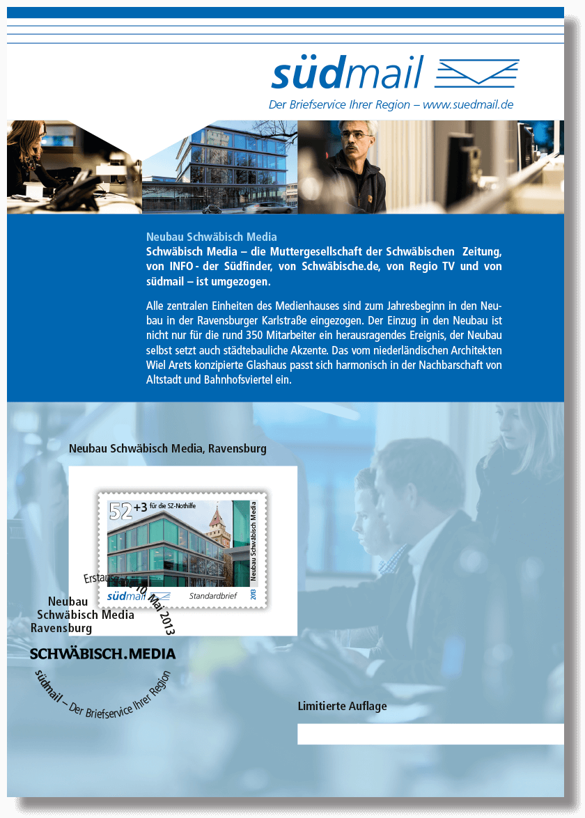 Sonderbriefmarke Neubau Schwäbisch Media – Ersttagskarte