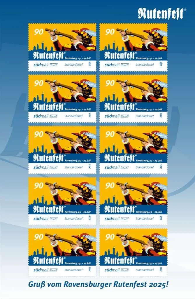 Briefmarkenbogen Rutenfest Ravensburg 2025 mit zehn 90-Cent-Marken und historischer Figur.