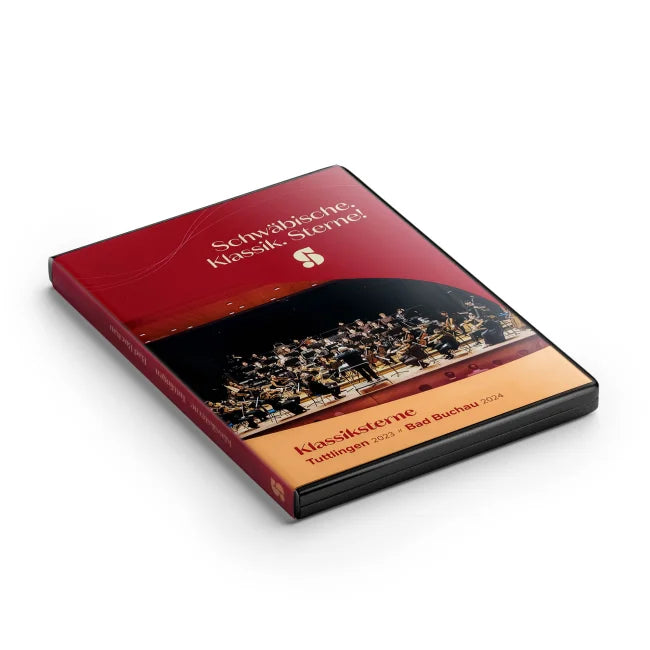 CD- und DVD-Box „Schwäbische. Klassik. Sterne! Teil 1“ mit rotem Cover, Titel und Konzertfoto auf der Vorderseite