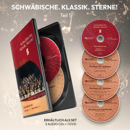 Geöffnete CD- und DVD-Box „Schwäbische. Klassik. Sterne! Teil 1“ mit drei Audio-CDs und einer DVD nebeneinander